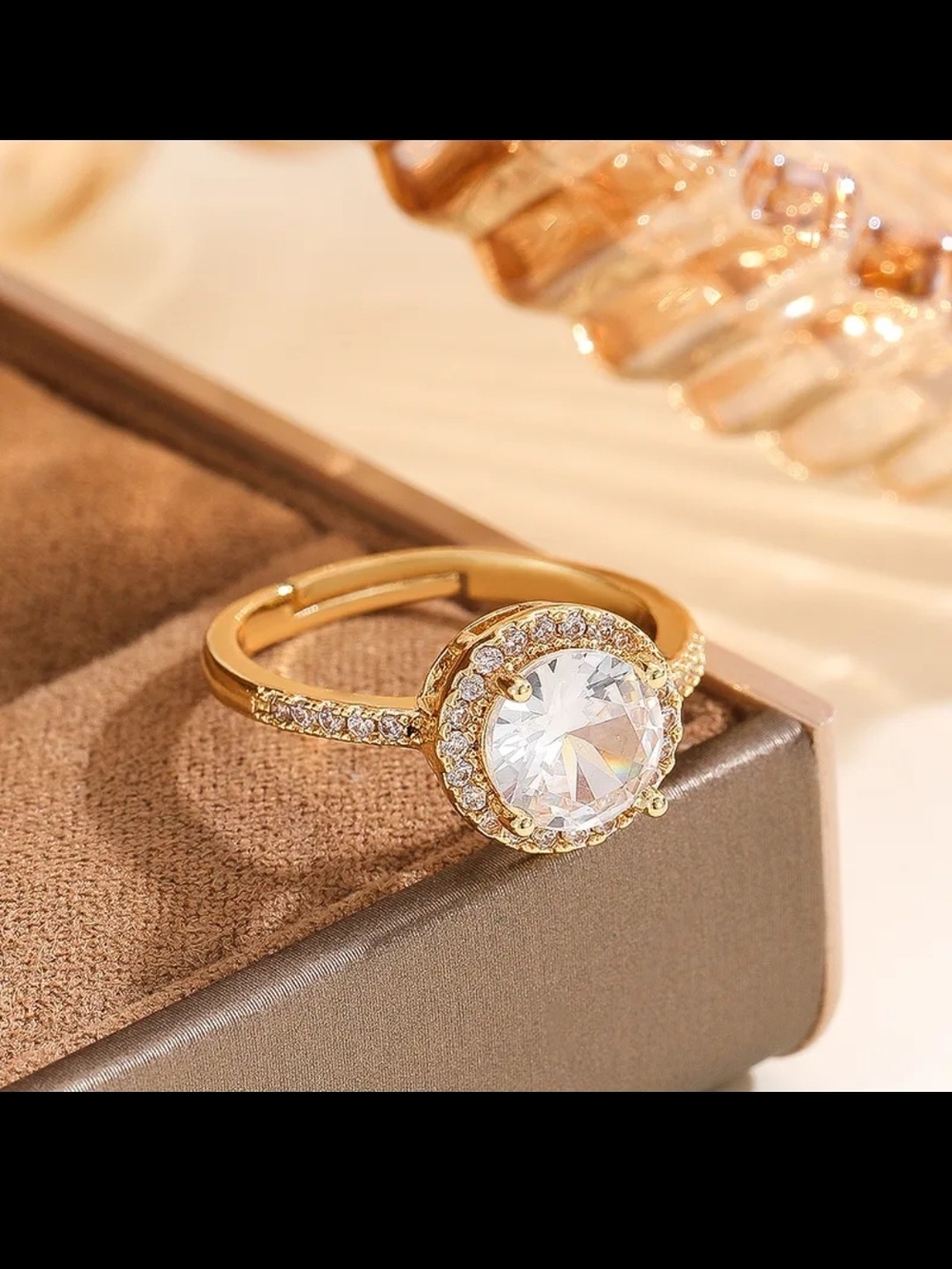 Adjustable Moissanite Halo Ring | Gold Tone | Round Cut Solitaire